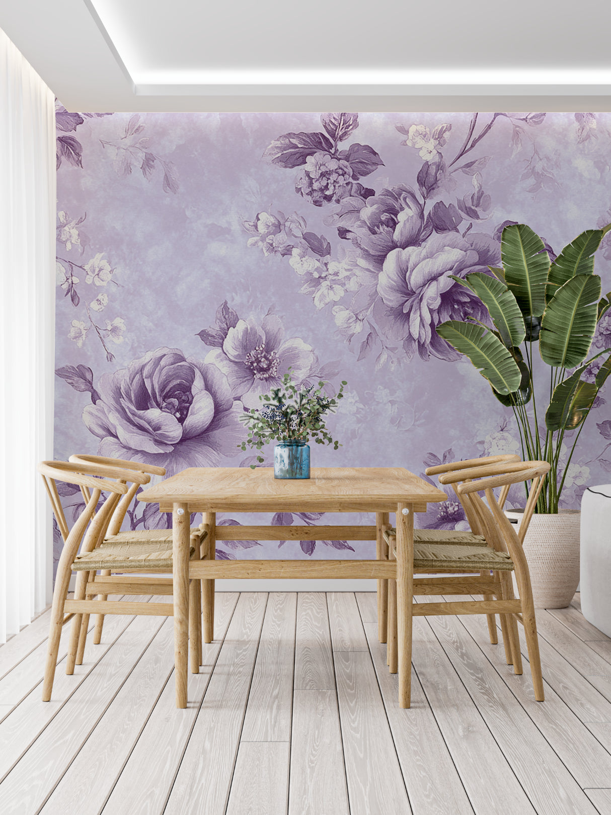 Purple rose wall mural adding charm to a modern dining room