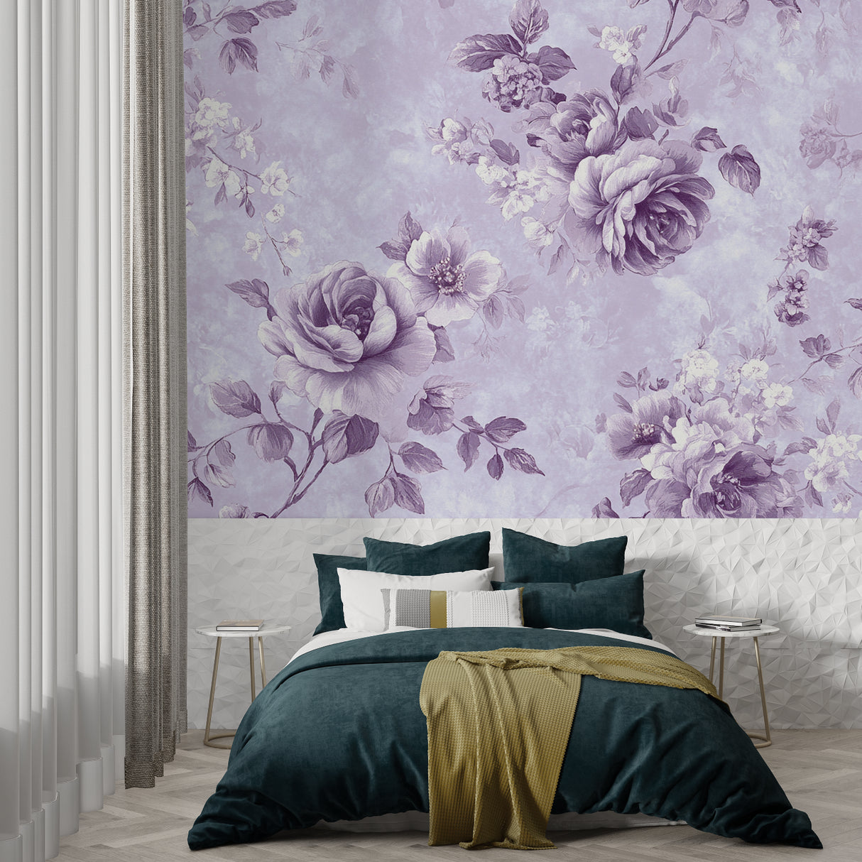Floral mural wallpaper displayed in a romantic home office space