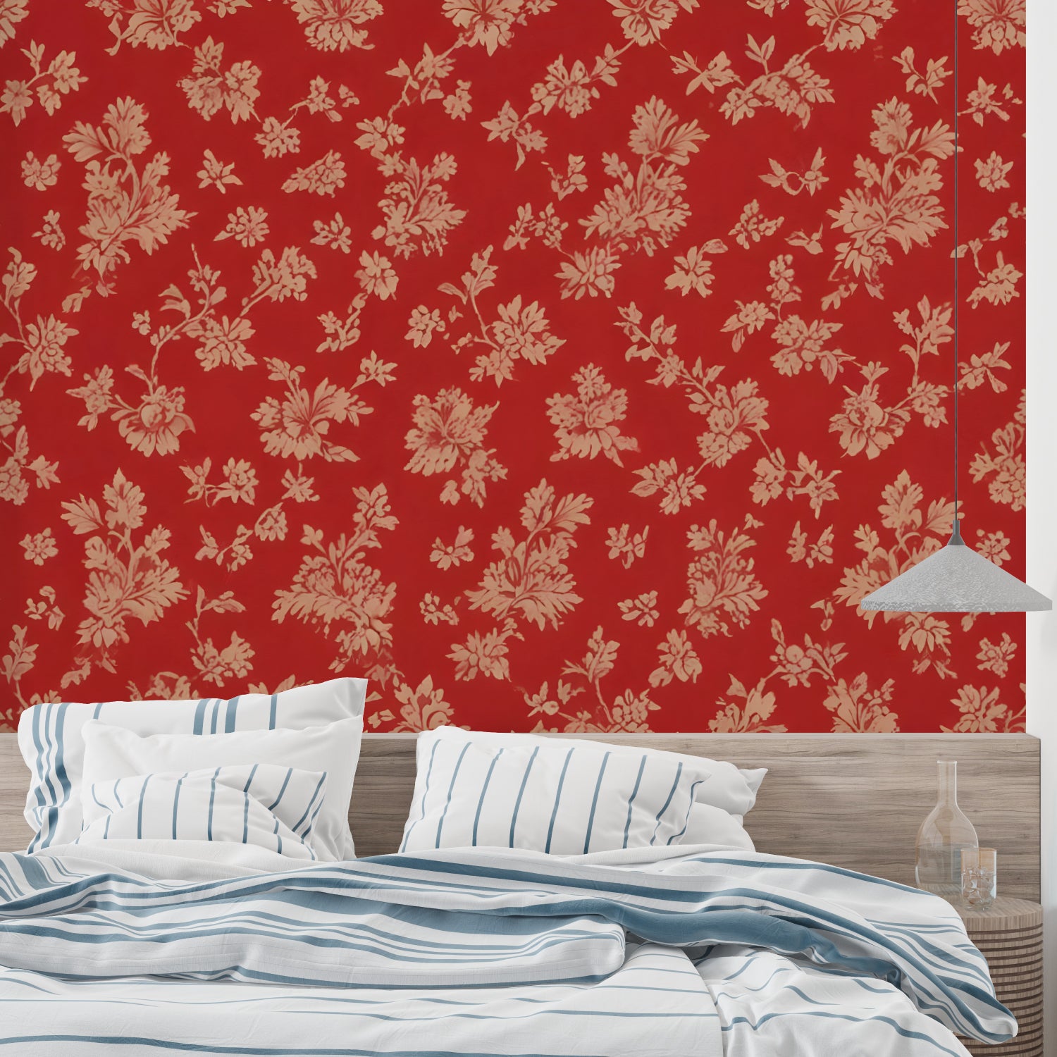 Red and beige floral wallpaper in a bright living room setting with modern furniture
