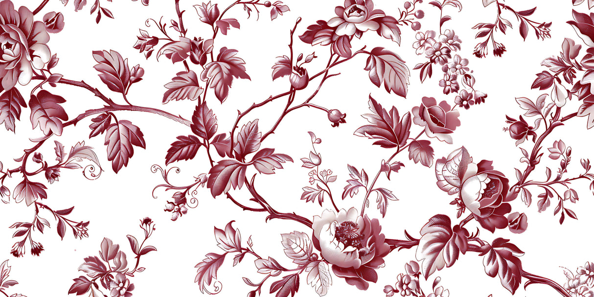 Detailed view of red and white floral toile pattern design file showing intricate botanical elements