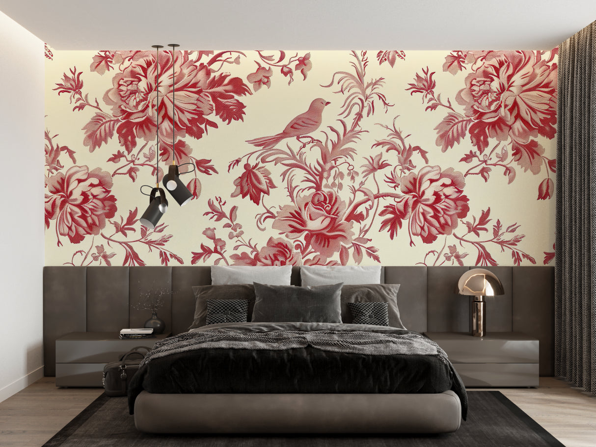 Home office with red bird toile wallpaper showcasing classic French style