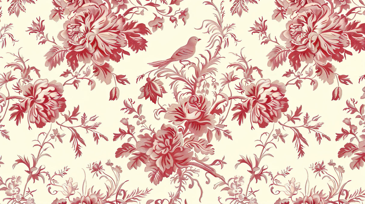 Red Toile de Jouy wallpaper design file showing detailed birds and floral pattern