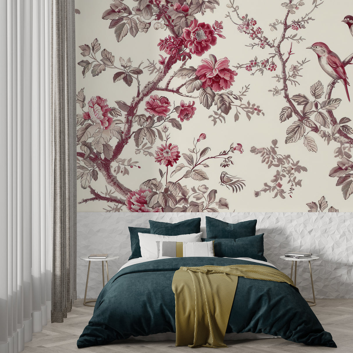 Vintage rose and bird wallpaper in an elegant dining room with soft natural lighting