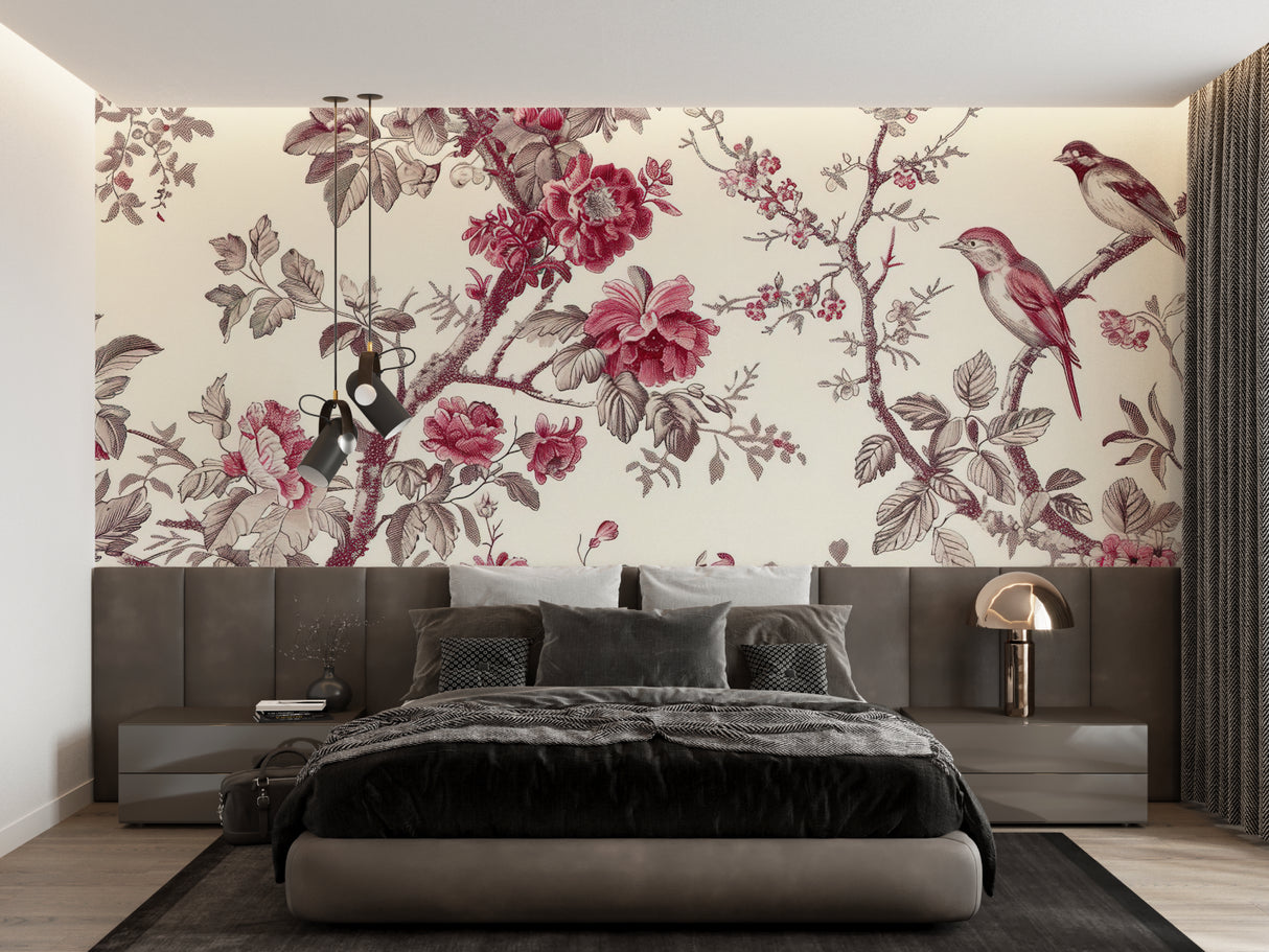 Rose and bird mural wallpaper creating a focal point in a modern living room