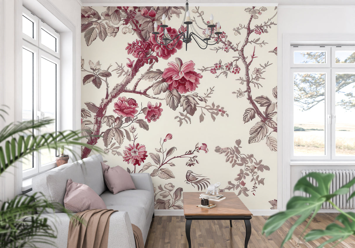 Botanical wall mural adding charm to a home office with vintage furniture