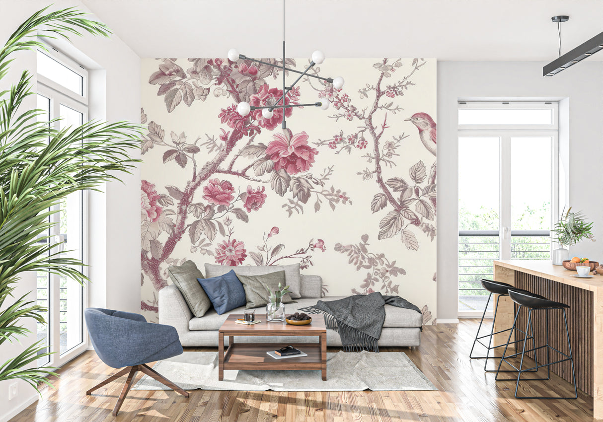 Floral wallpaper transforming an entryway with its vintage rose and bird pattern
