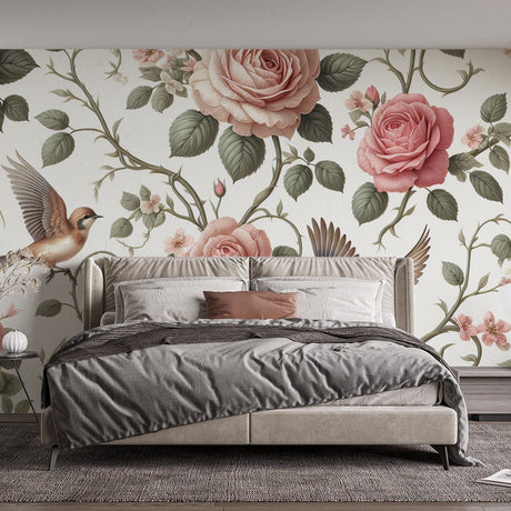 Vintage rose garden wallpaper with birds creates a lovely backdrop in a bright living room with natural light