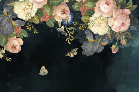 Design file of vintage roses on dark background wallpaper pattern showing full floral detail