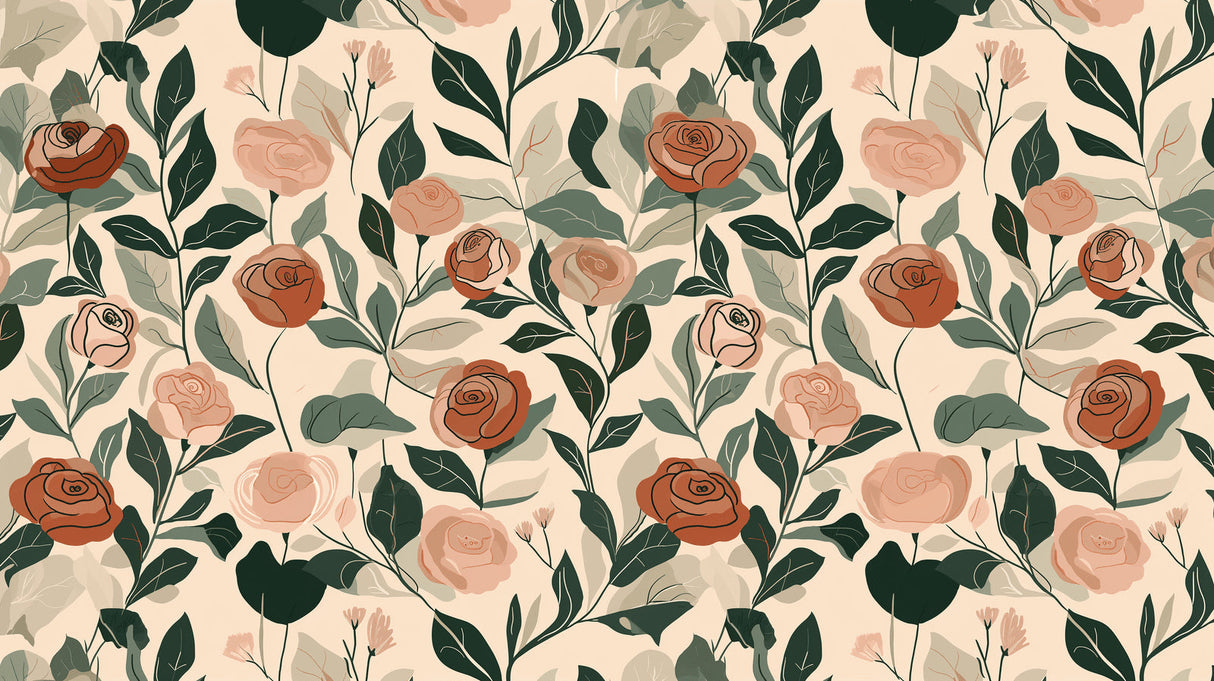 Terracotta rose wallpaper mural in a bright living room with modern furniture and natural light