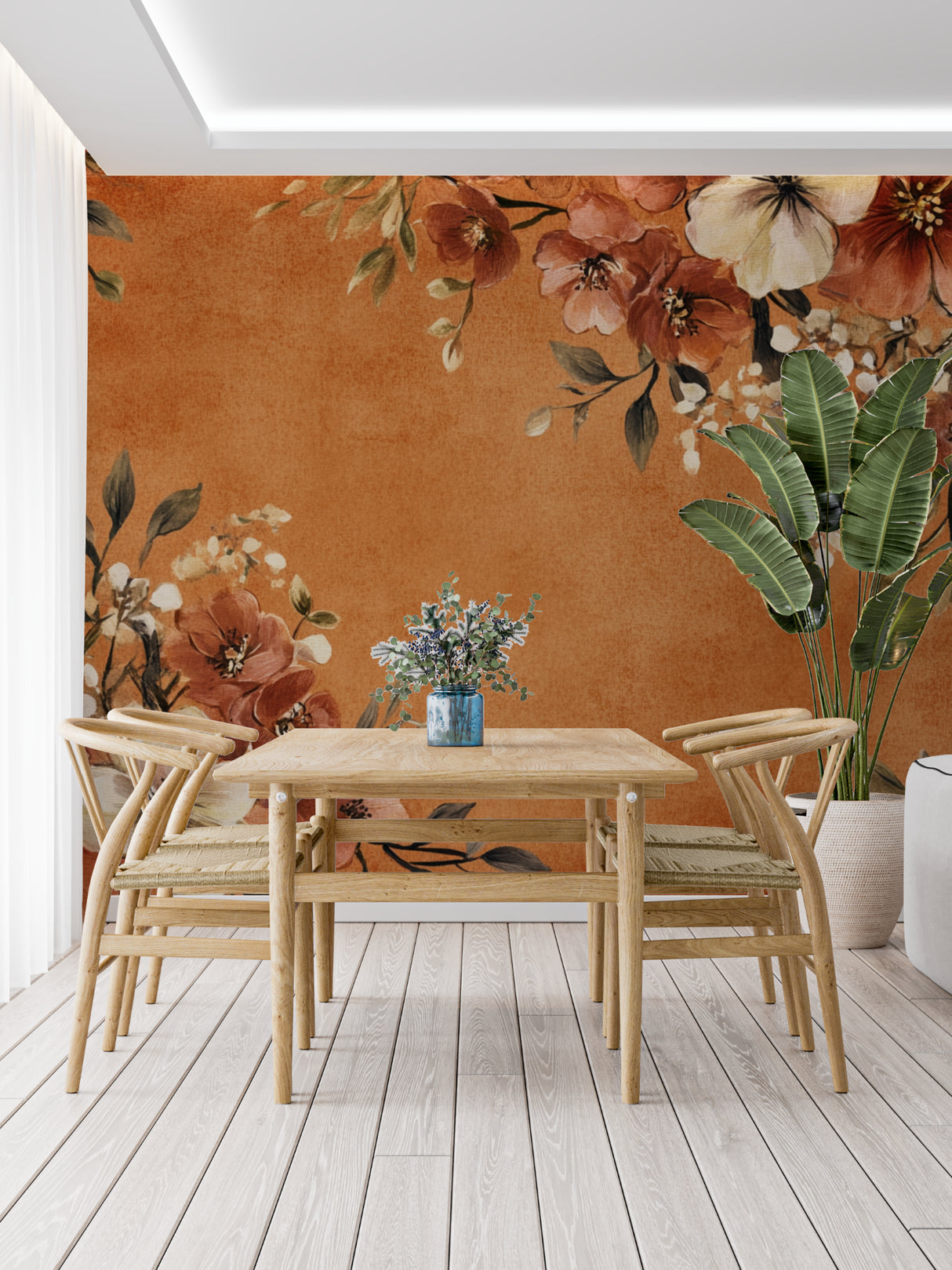 Vintage floral wall mural brightening dining room with soft terracotta tones