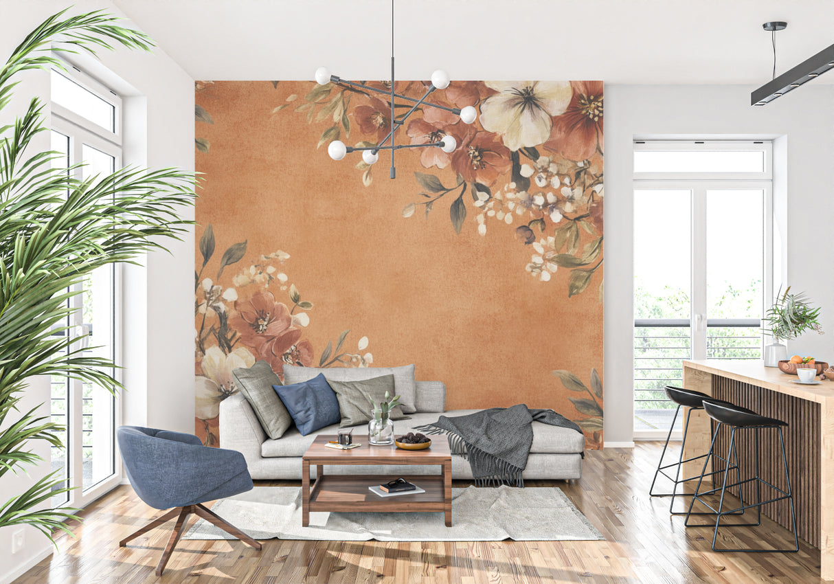 Botanical wallpaper creating cozy reading nook with terracotta and cream flowers