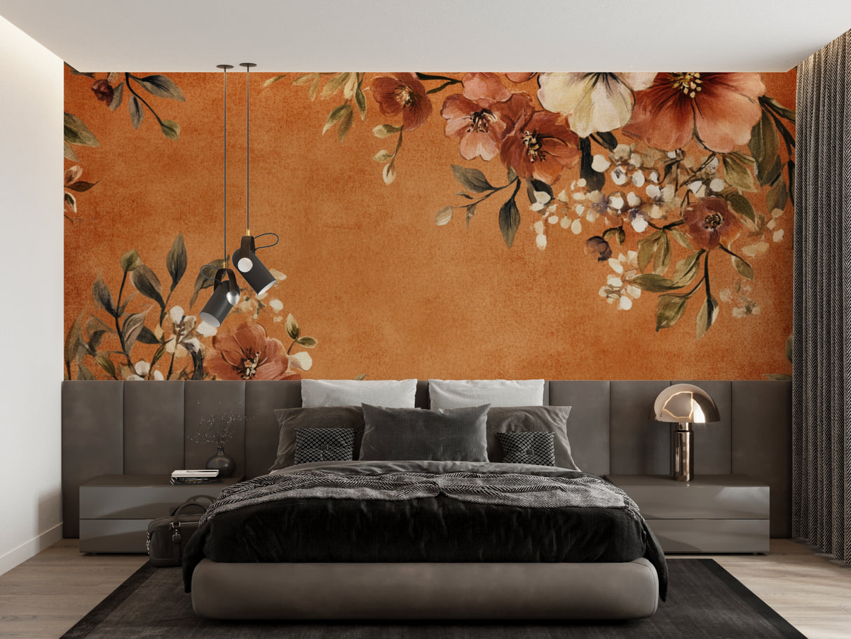 Terracotta wall mural in home office featuring delicate white flowering branches