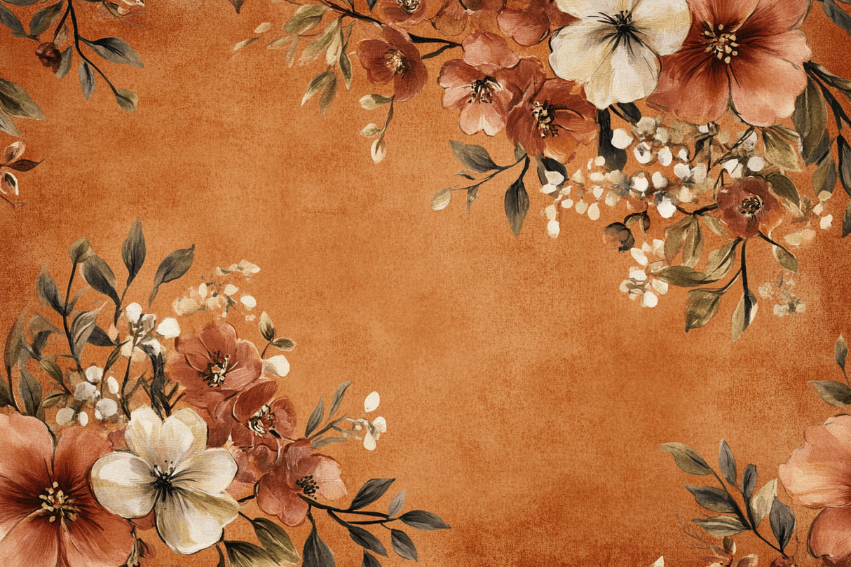 Design file showing detailed terracotta floral pattern with rust-colored flowers and cream blossoms