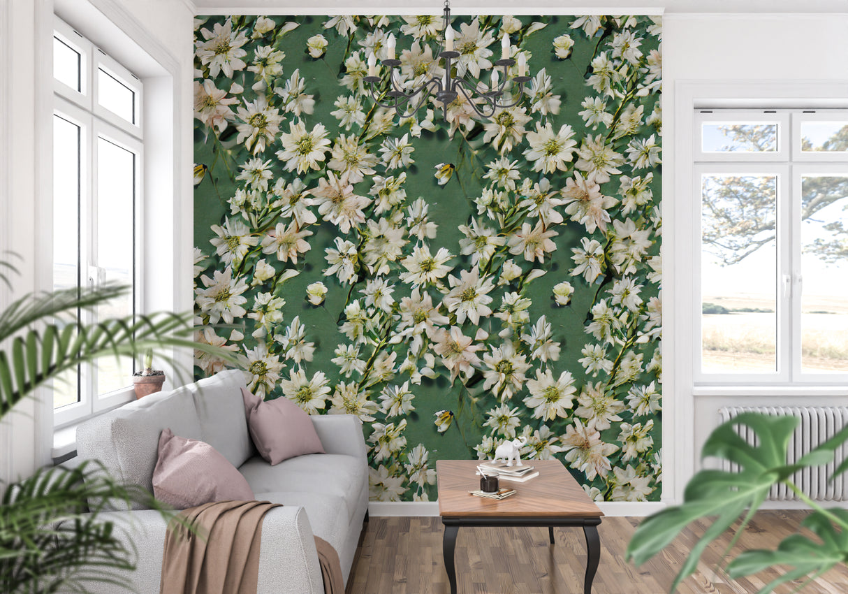 Daisy pattern wallpaper bringing spring feeling to an entrance hall