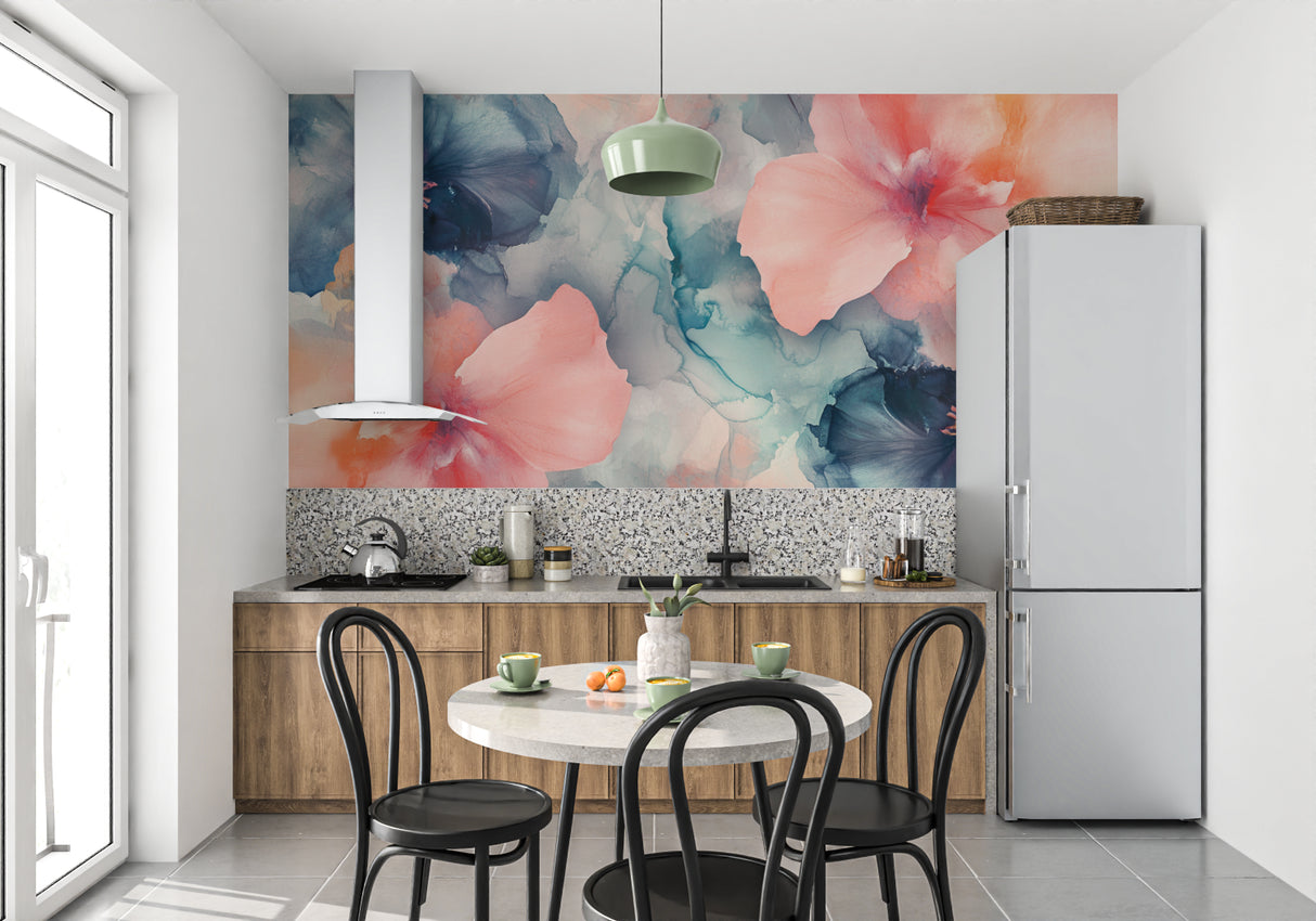 Pink and navy floral mural in bright bedroom highlighting morning light