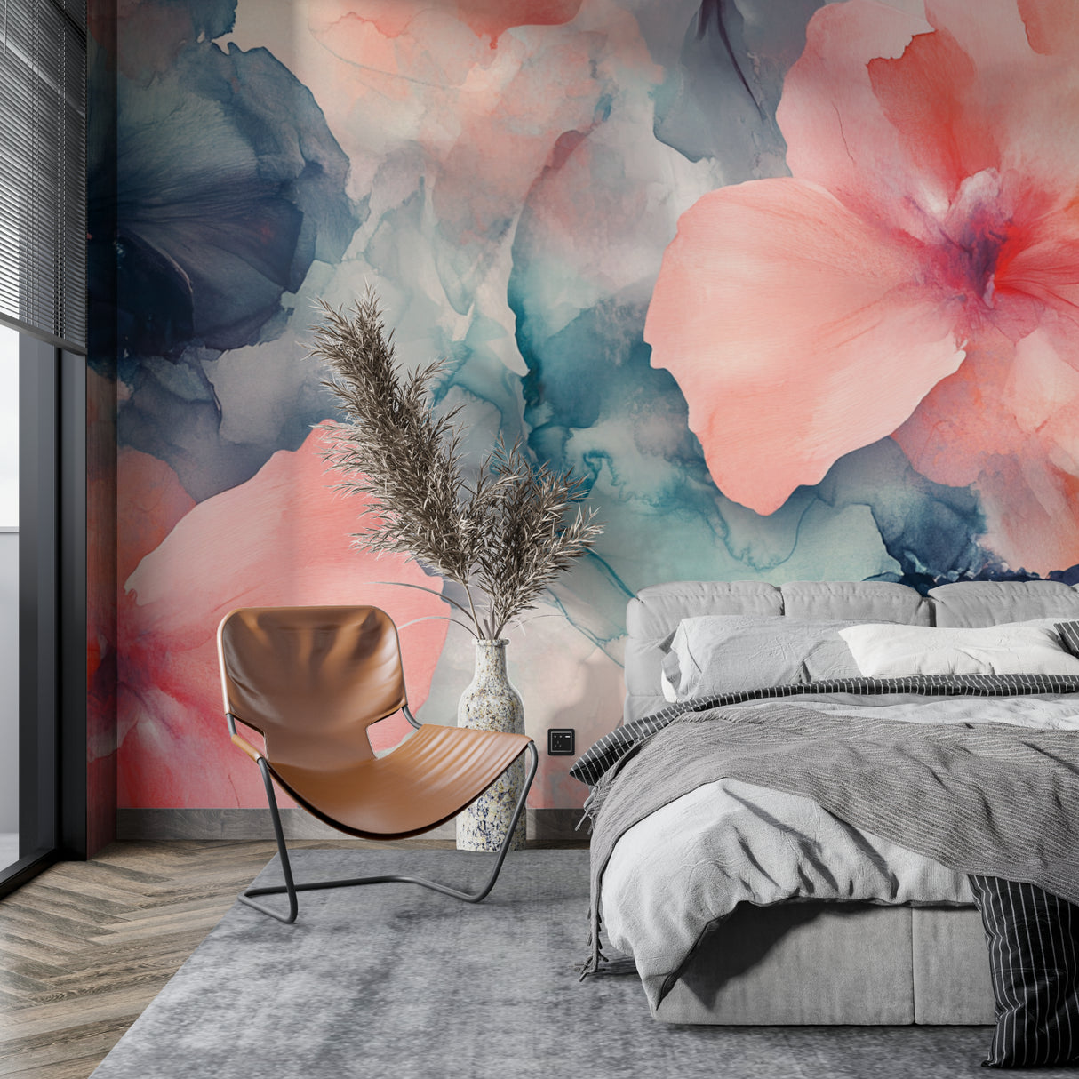 Floral wall mural showcased in home office with natural lighting