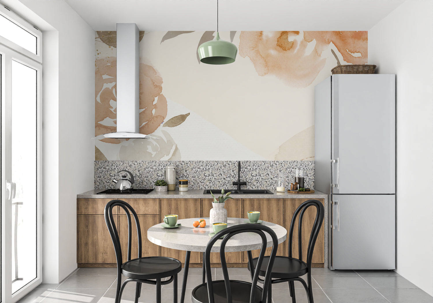 Watercolor floral wallpaper creating a peaceful atmosphere in a modern living room with natural light