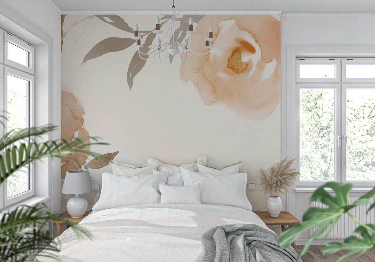 Beige and terracotta floral mural adding warmth to a cozy bedroom setting