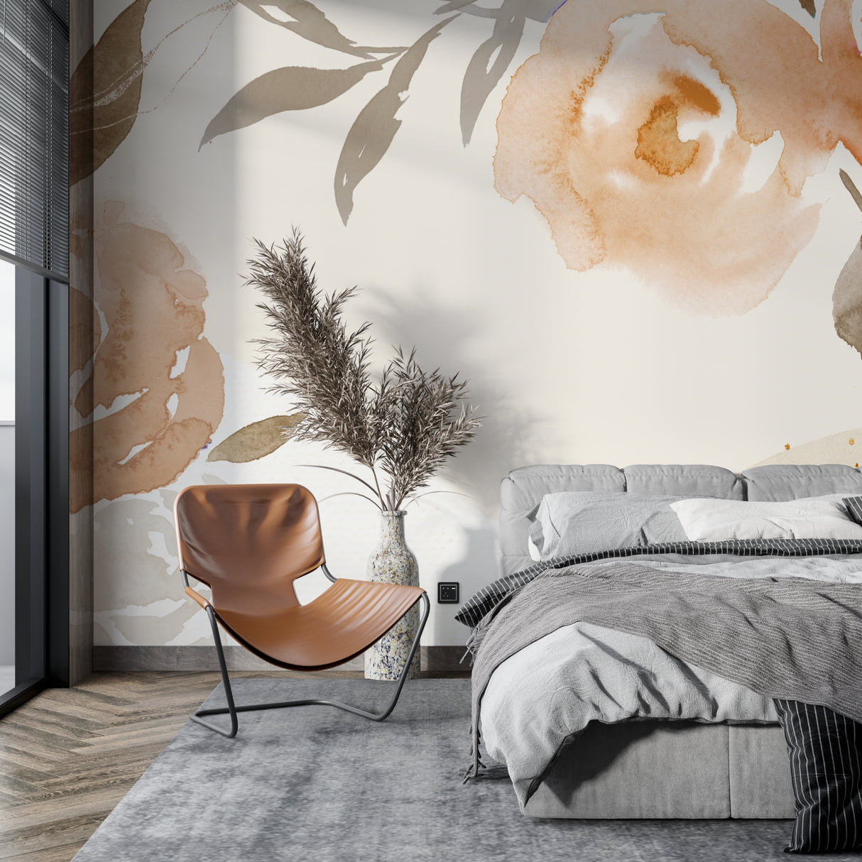 Watercolor wall mural bringing soft color to a bright dining room