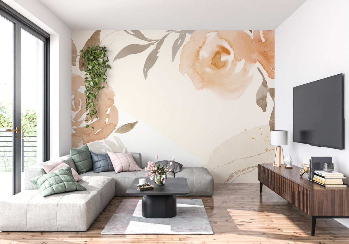 Modern floral mural creating an elegant backdrop in an entryway