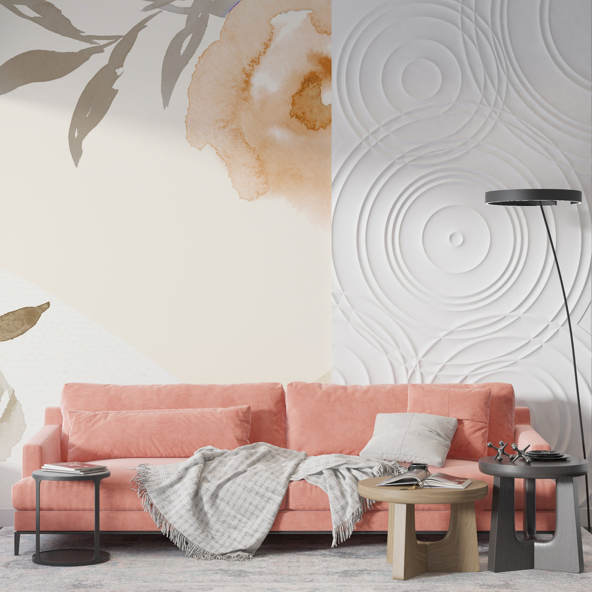 Watercolor bloom wallpaper bringing warmth to a master bedroom