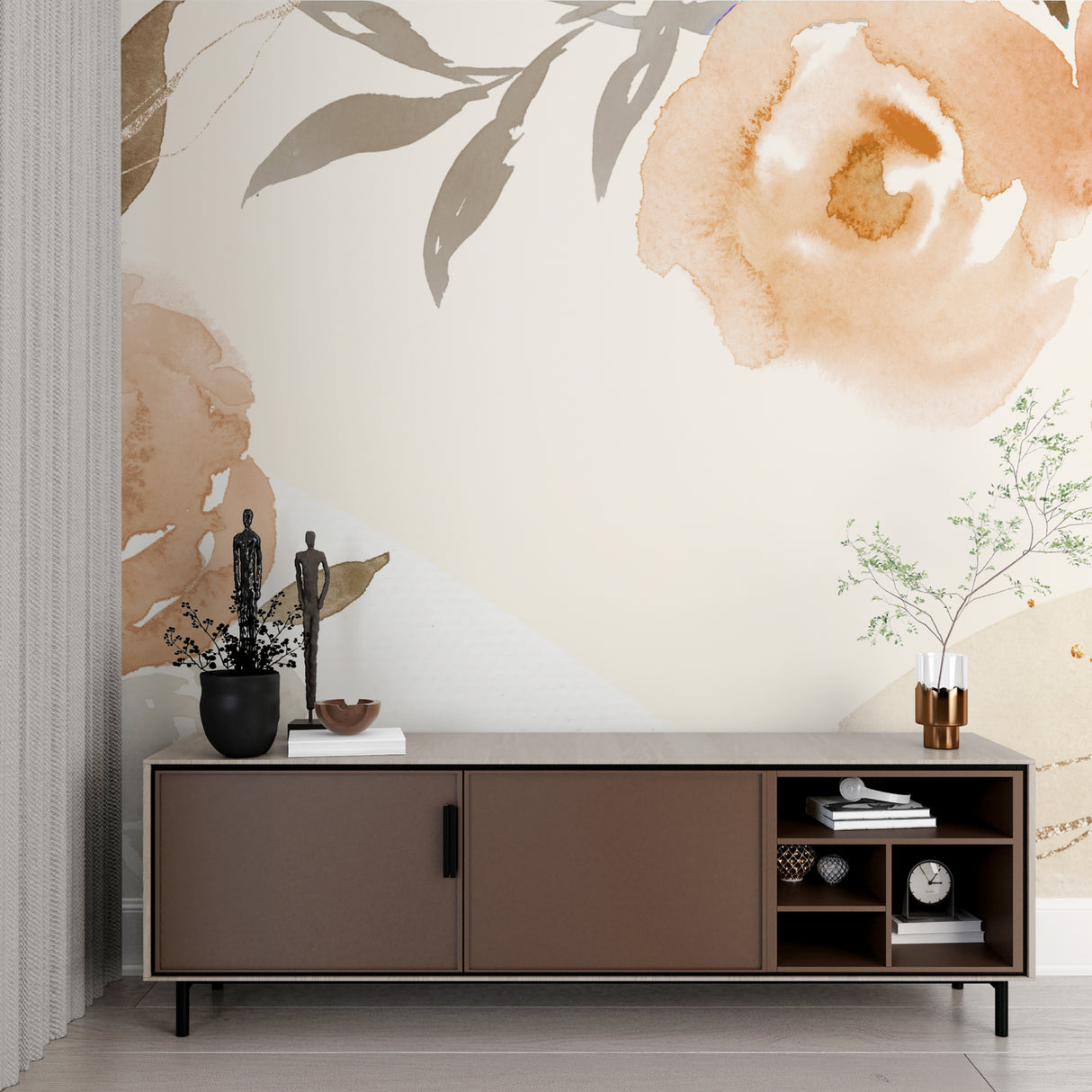 Floral wall mural enhancing a bright dining room space