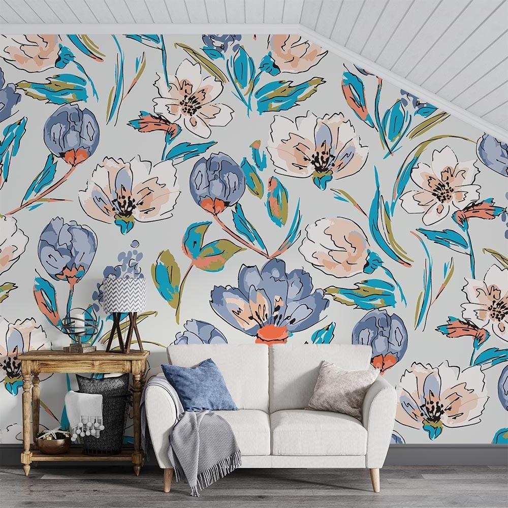 Blue and coral floral mural brightening up a light-filled bedroom with minimal decor