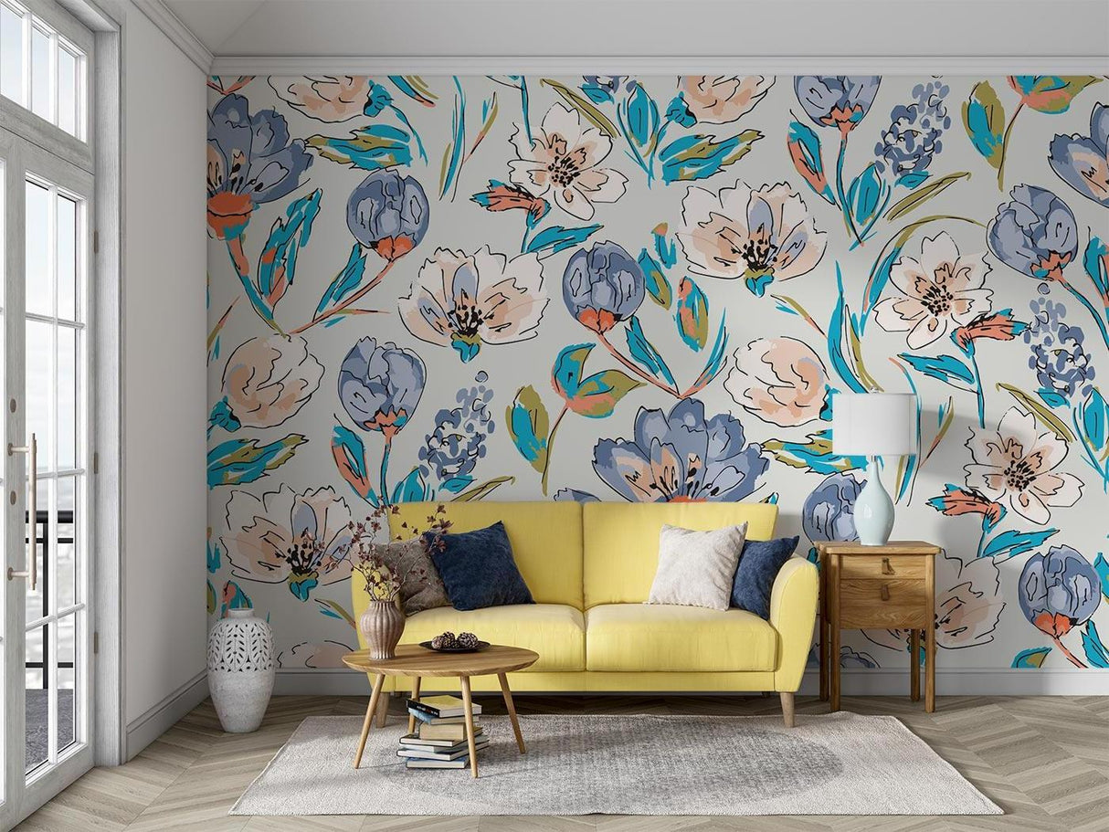 Modern floral wall mural transforming an entrance hall with delicate blue and coral flowers
