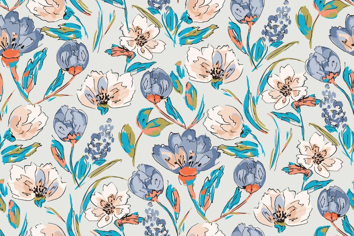 Watercolor floral pattern design file showing detailed blue and coral blooms on light background