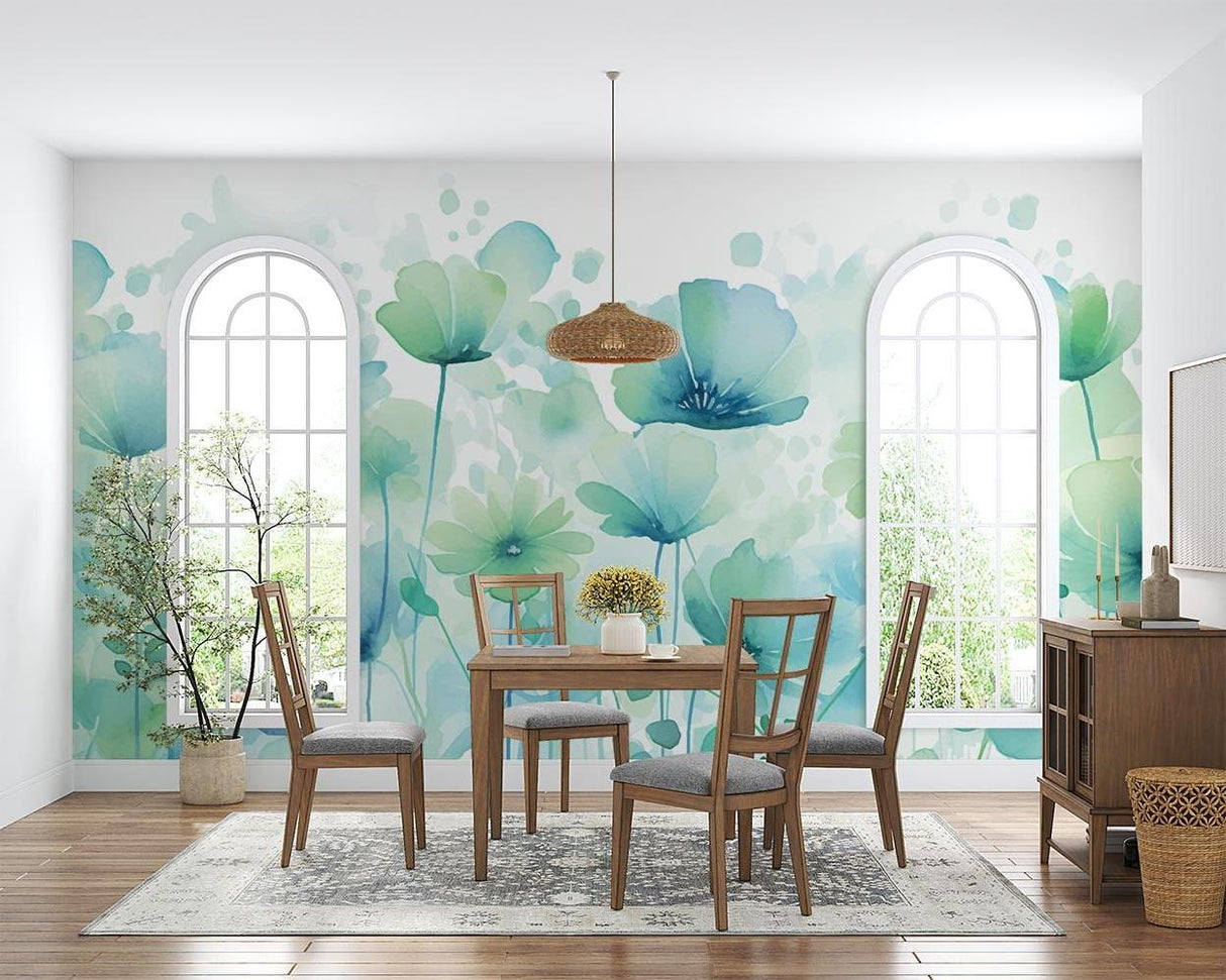 Watercolor floral wallpaper creating a peaceful atmosphere in a modern living room with natural light