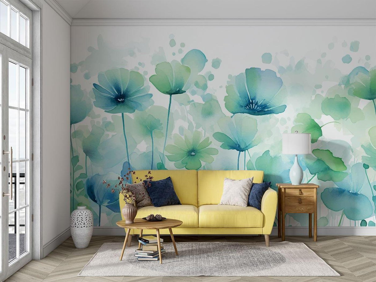 Blue and green watercolor blooms mural in a bright master bedroom with white furniture