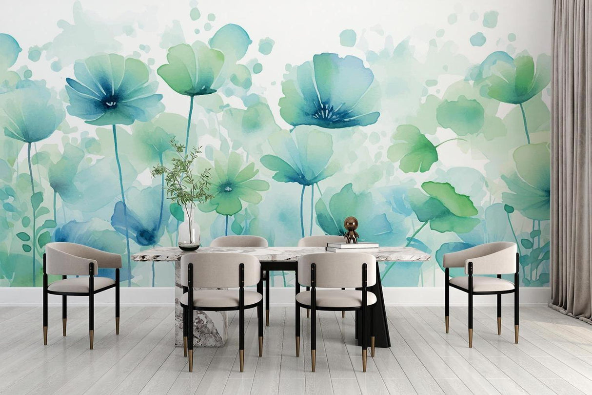 Floral wall mural bringing fresh garden vibes to a home office space