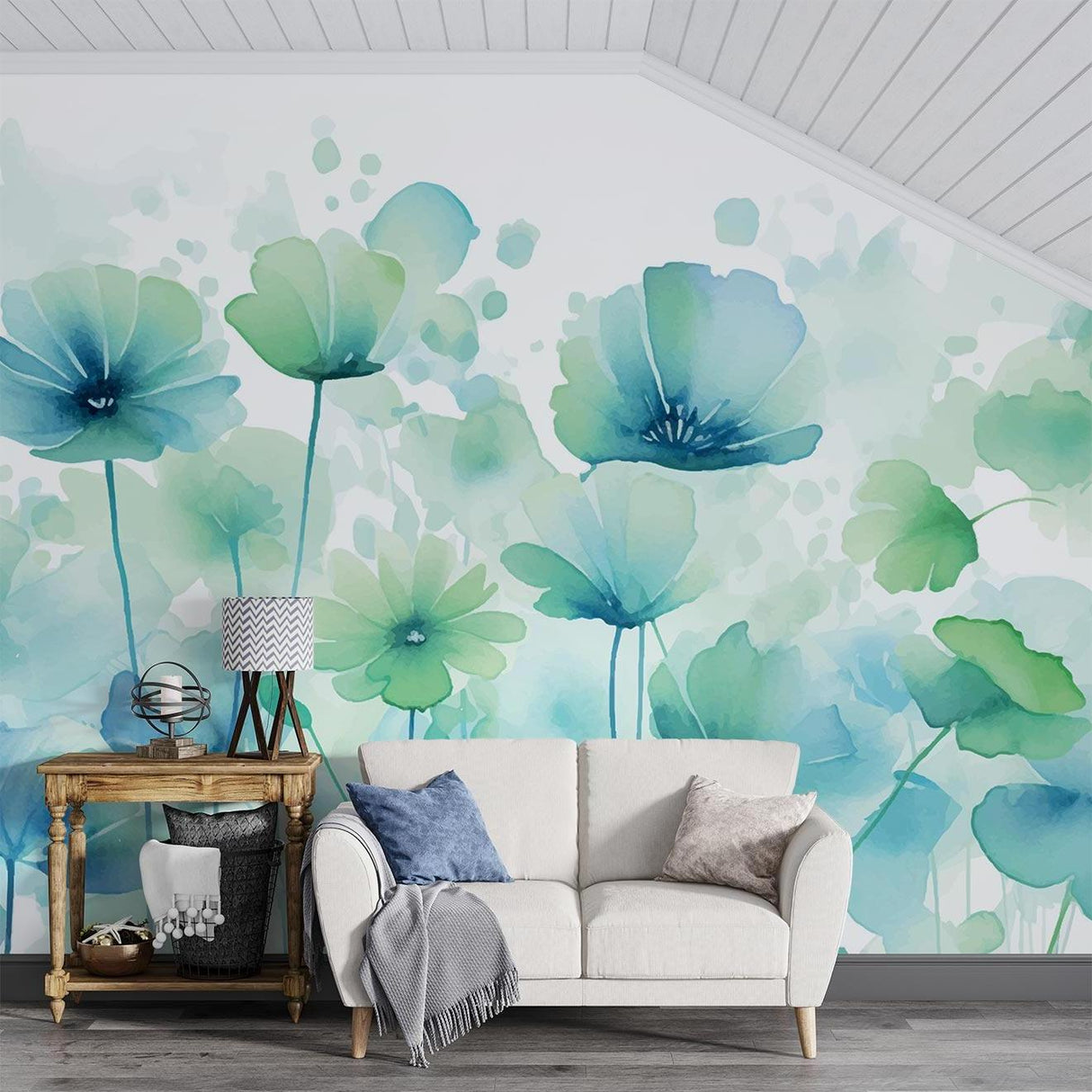 Watercolor bloom wallpaper adding soft color to a dining room with contemporary décor