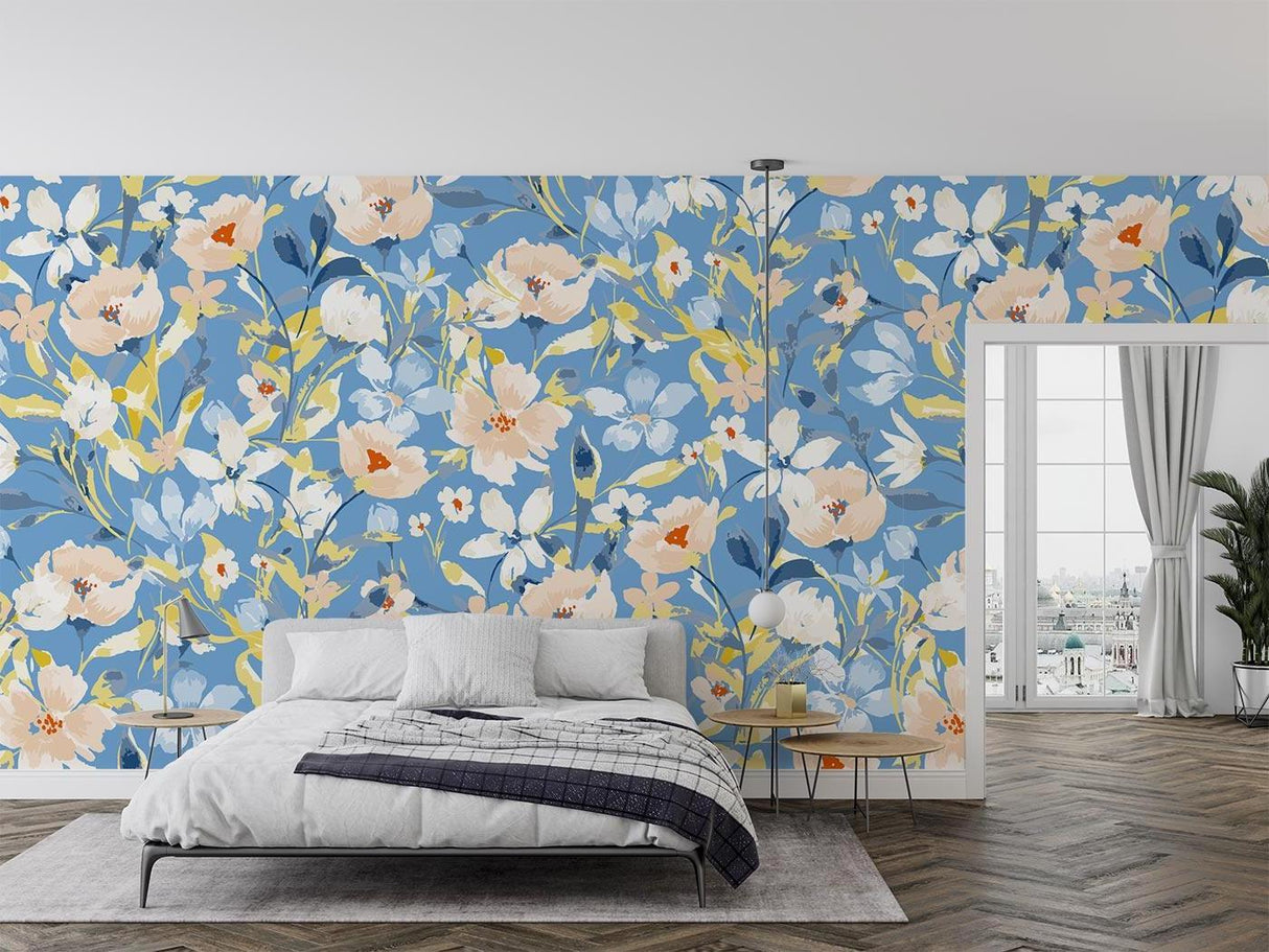 Watercolor floral wallpaper creating a calm atmosphere in master bedroom