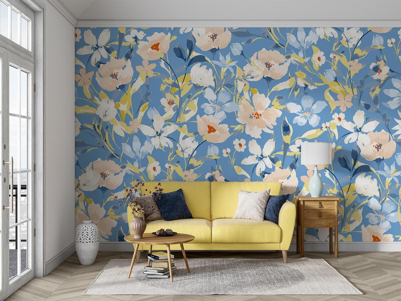Blue and peach floral mural making a statement in home office space