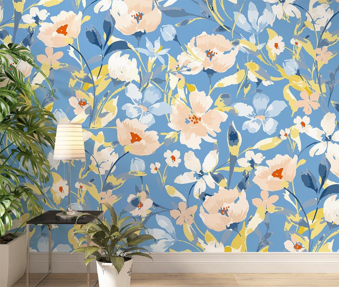 Botanical wall mural showcasing soft watercolor blooms in nursery setting