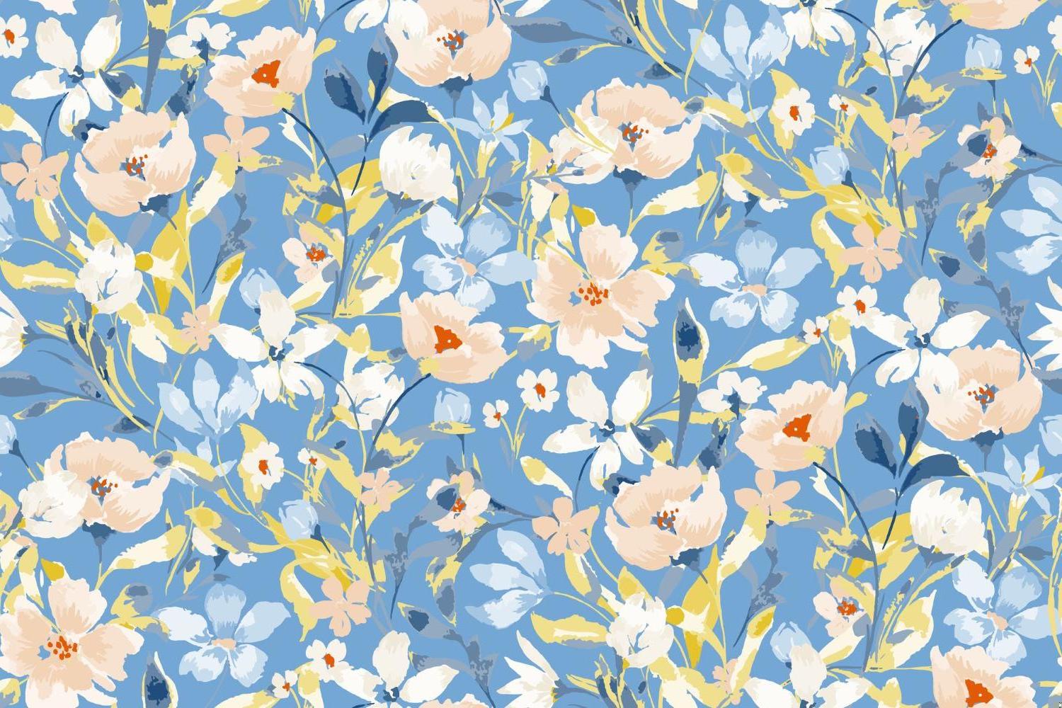 Watercolor blue and peach floral pattern design file showing intricate bloom details