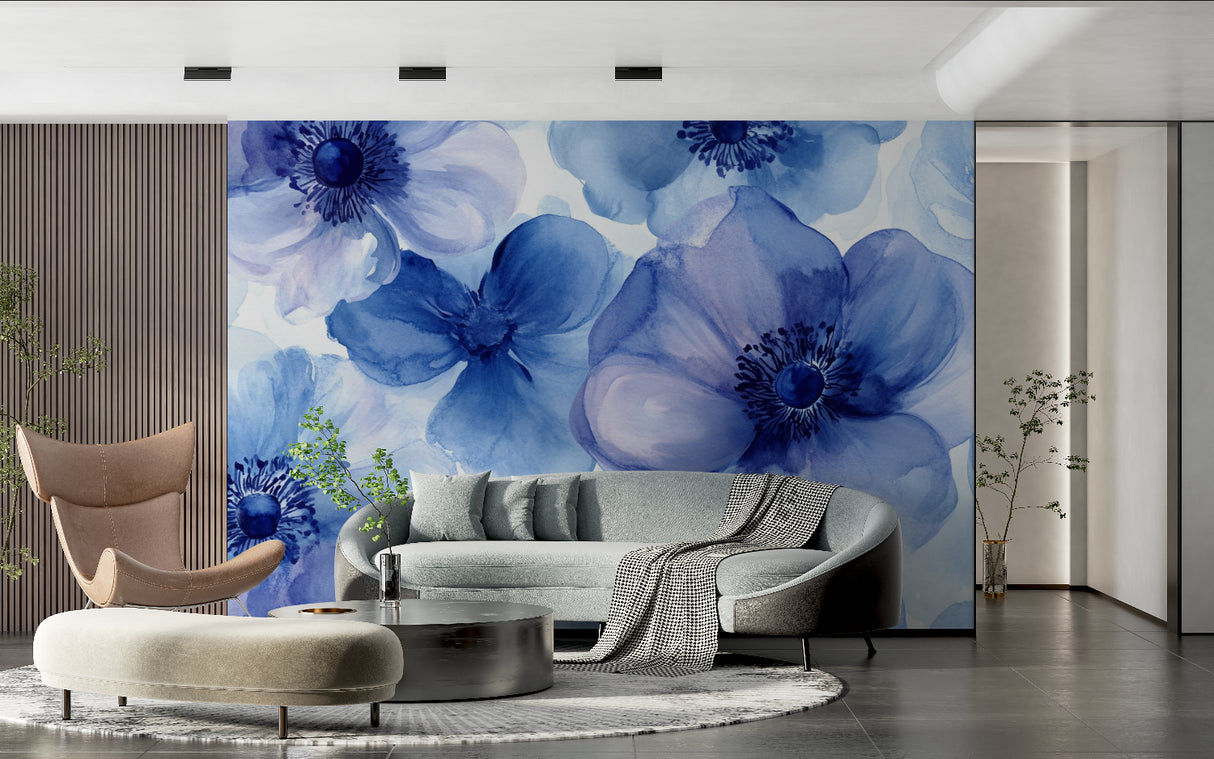 Blue Anemone wallpaper mural in modern living room creating serene atmosphere