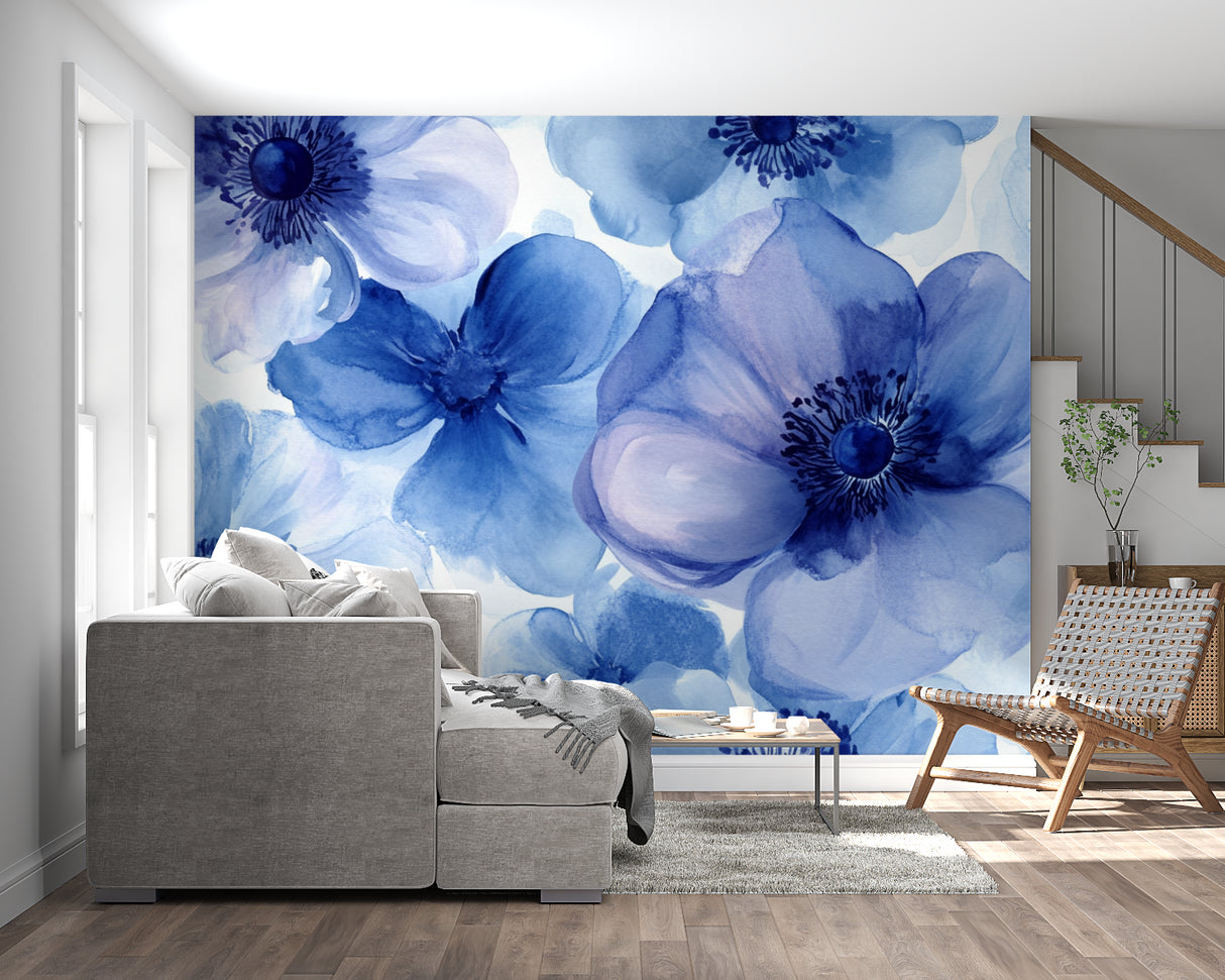 Blue Anemone wall mural adding elegance to dining room setting