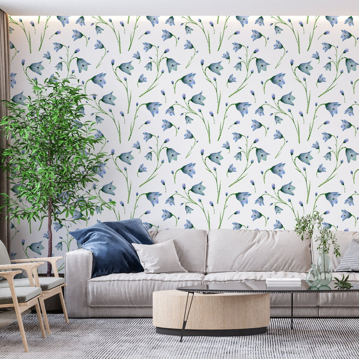 Blue bellflower wallpaper mural in bright modern living room creating fresh spring atmosphere