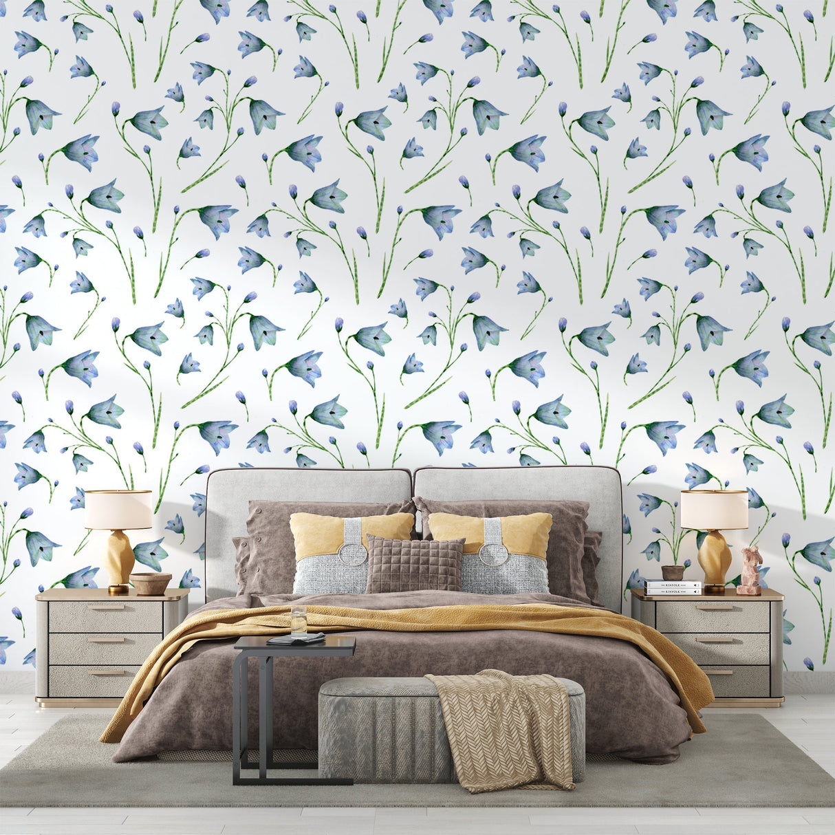 Watercolor floral wall mural featuring blue bellflowers in cozy bedroom setting
