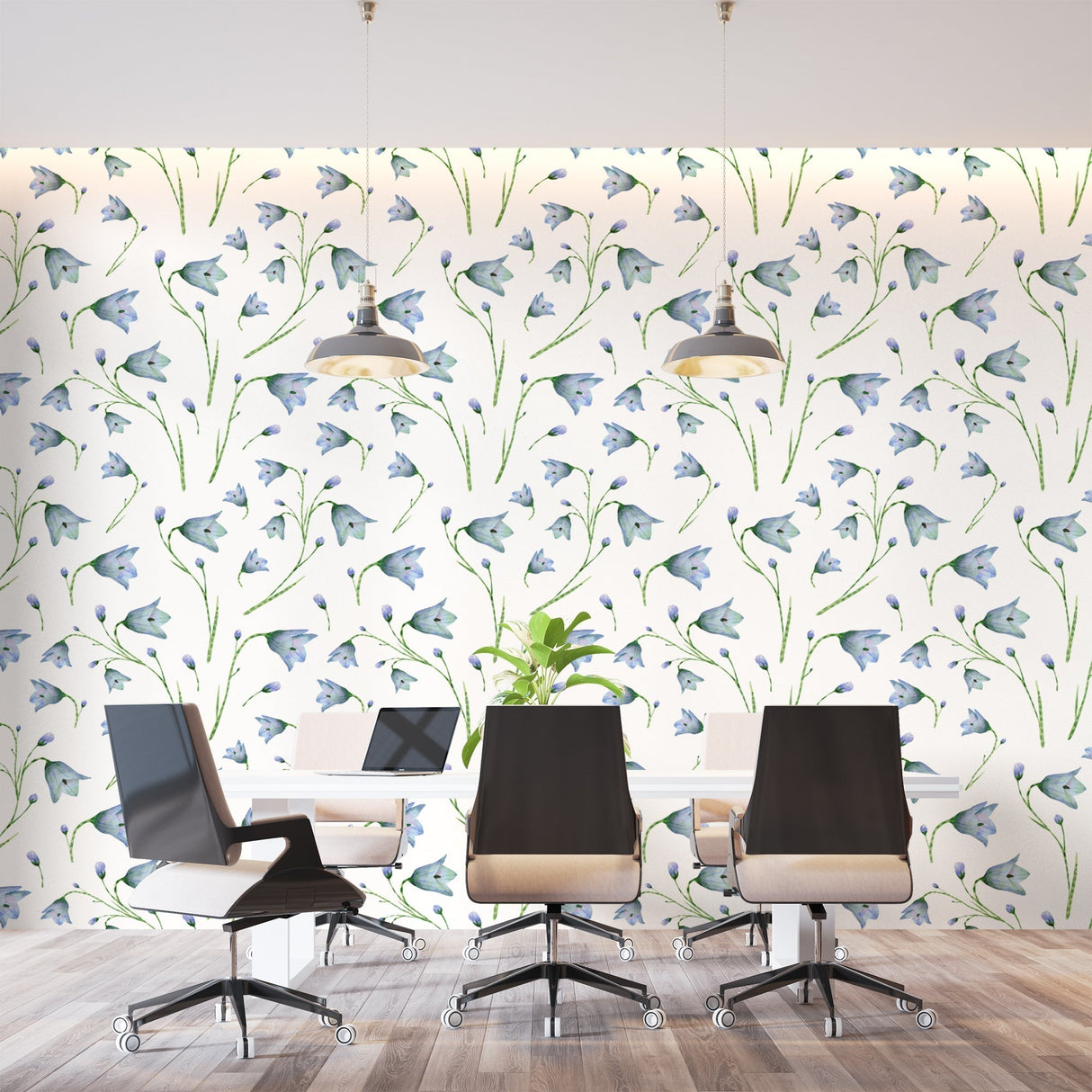 Blue botanical wallpaper with bellflowers brightening home office space