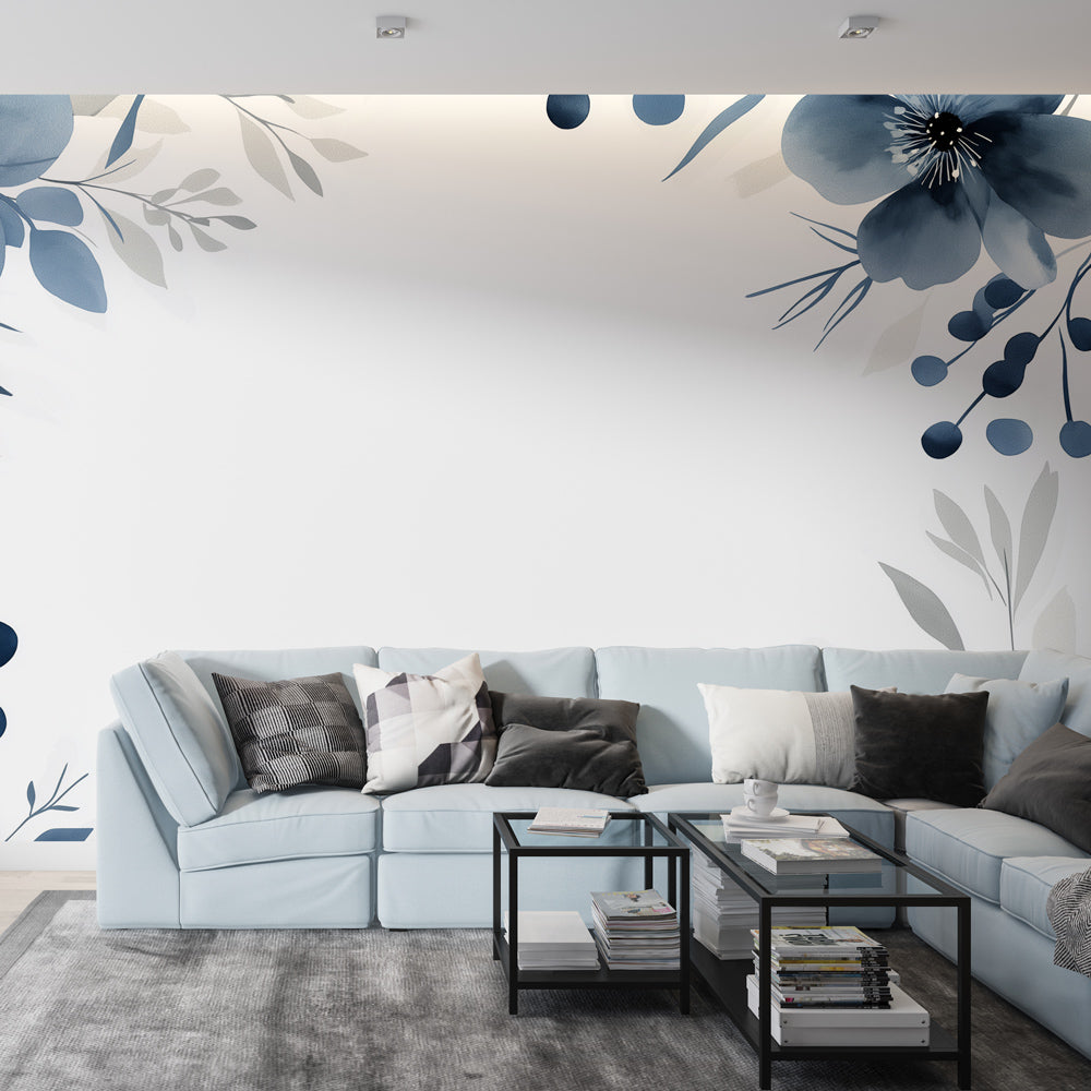 Blue watercolor floral wallpaper creating a serene atmosphere in a modern living room with gray furniture