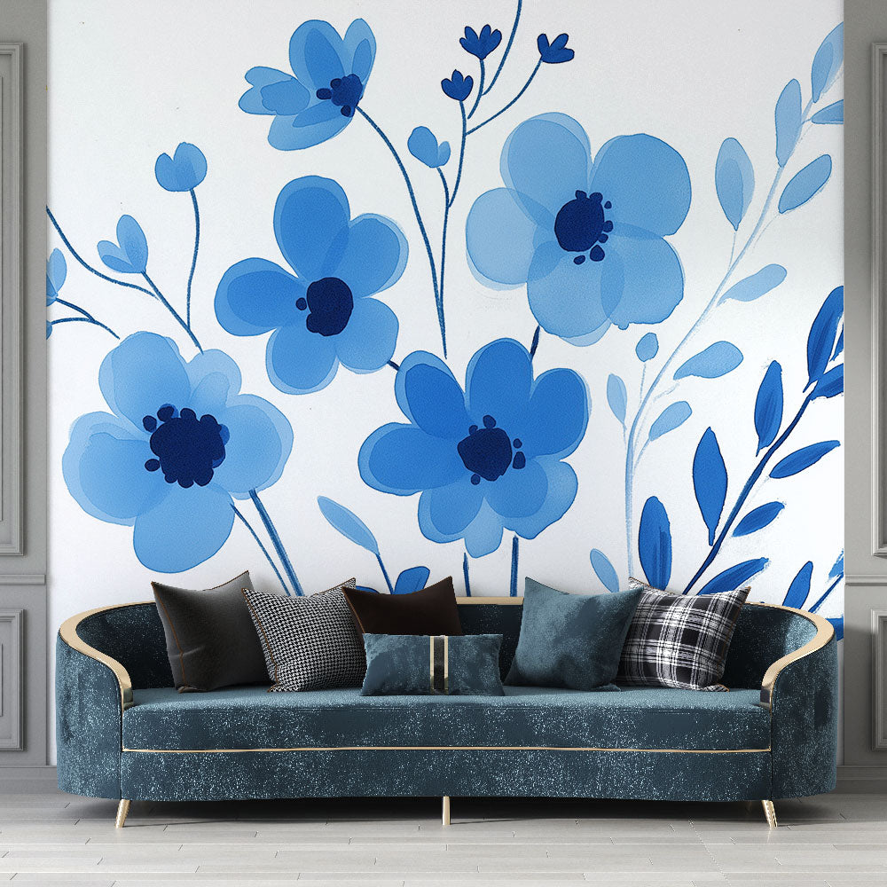 Blue watercolor floral wallpaper creating a peaceful atmosphere in a modern living room with natural light