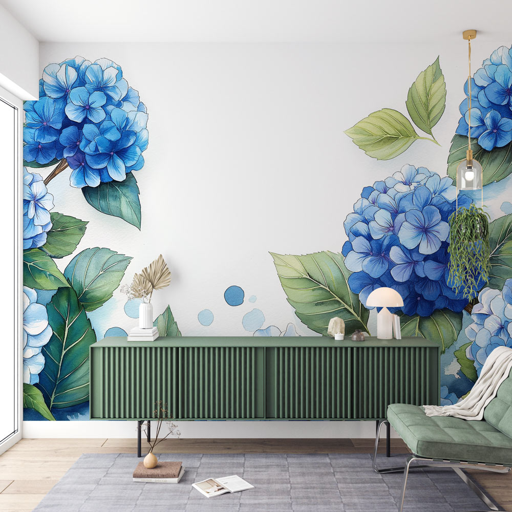 Blue Hydrangea floral wallpaper mural in bright modern living room, showing watercolor flowers against white wall