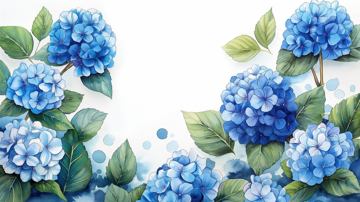 Blue Hydrangea wallpaper design file showing detailed watercolor flower pattern with green leaves