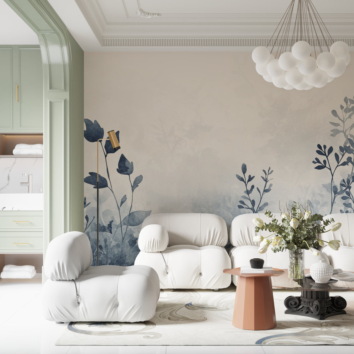 Blue watercolor leaves wallpaper in modern living room creating peaceful atmosphere