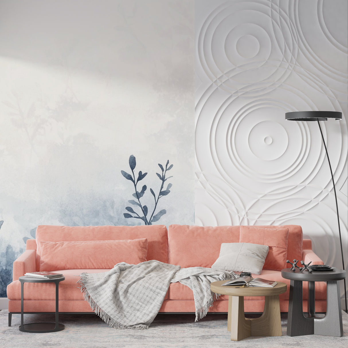 Watercolor botanical wall mural showcased in master bedroom with natural light