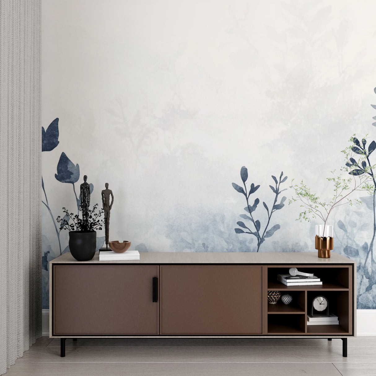 Blue floral wallpaper bringing calm to home office setting