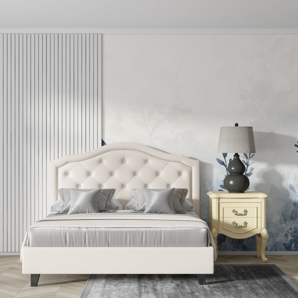 Watercolor leaf pattern mural featured in dining room with modern furniture